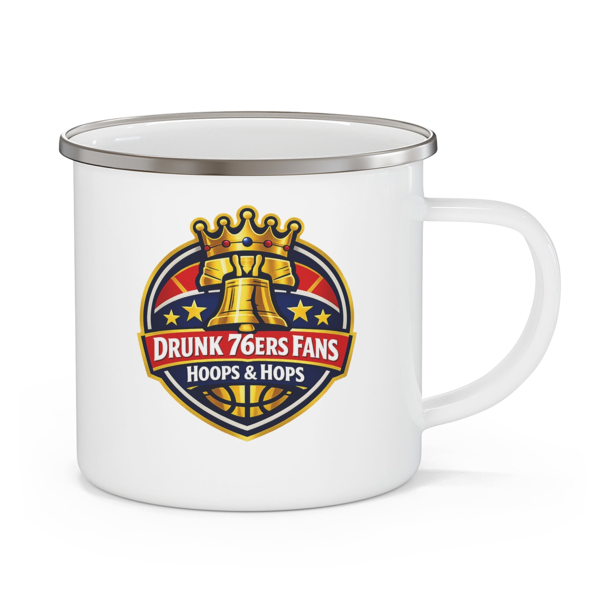 Drunk 76ers Fans Enamel Camping Mug — Hoops & Hops Basketball Coffee Cup