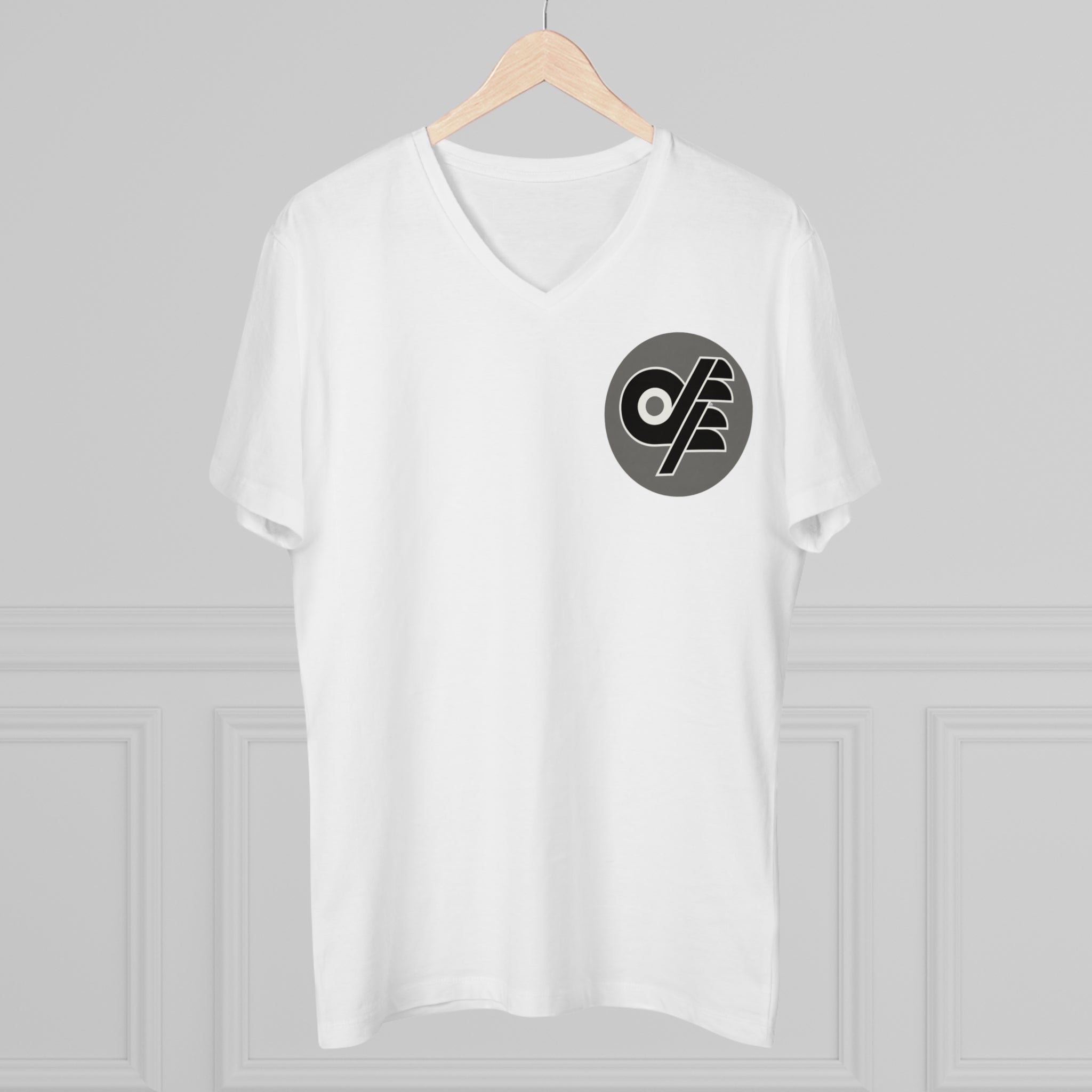 Black & Grey Logo V-Neck T-Shirt — Minimalist Retro Broadcast Emblem