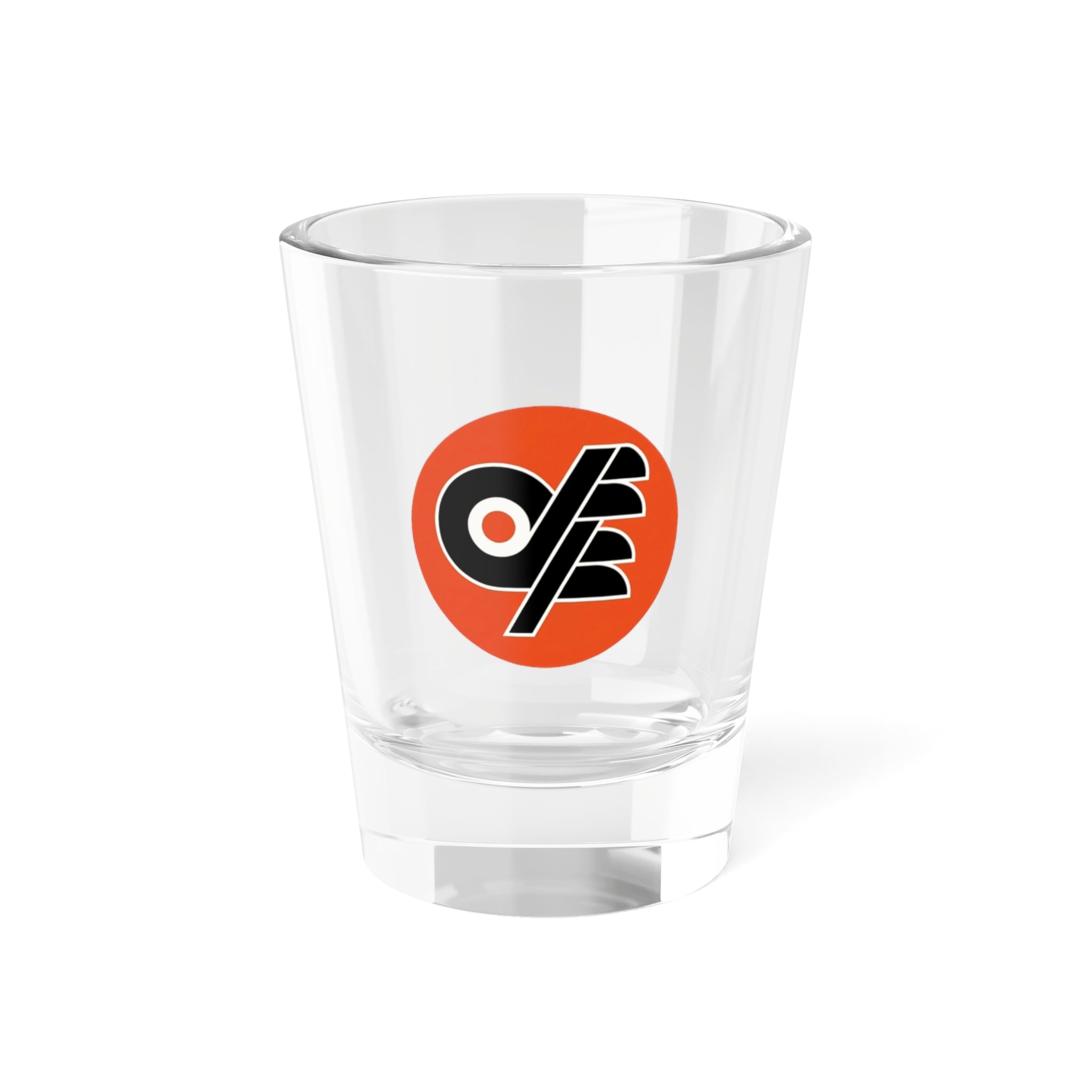 Retro Orange DFF Circle Logo Shot Glass — Vintage Sports Bar Party Favor
