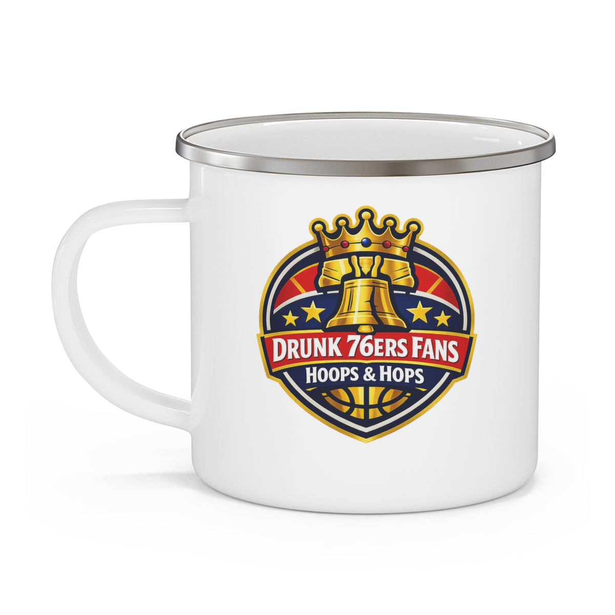 Drunk 76ers Fans Enamel Camping Mug — Hoops & Hops Basketball Coffee Cup