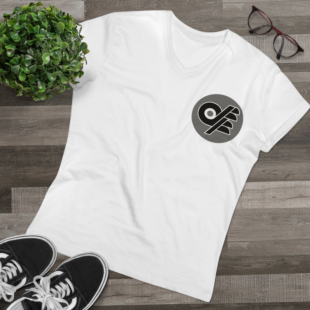 Black & Grey Logo V-Neck T-Shirt — Minimalist Retro Broadcast Emblem