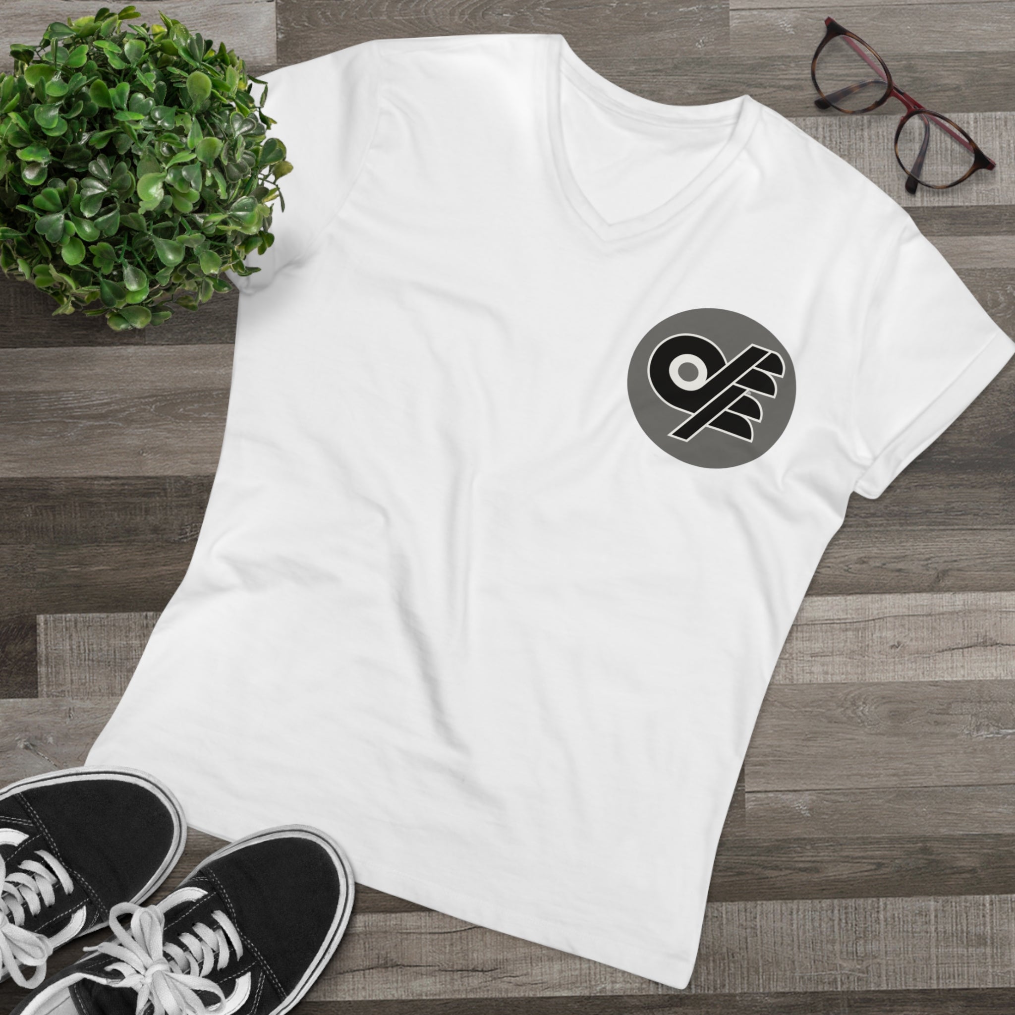 Black & Grey Logo V-Neck T-Shirt — Minimalist Retro Broadcast Emblem