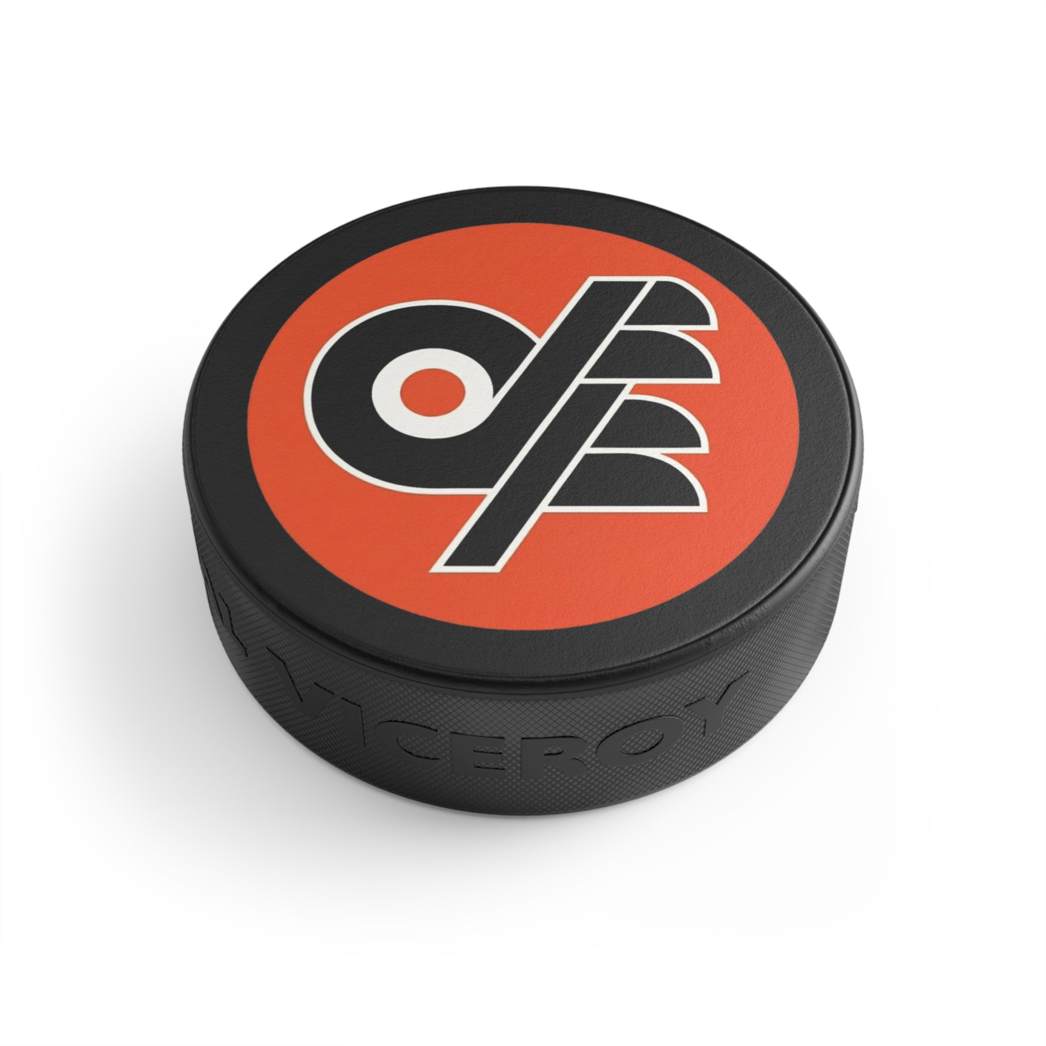 Retro DFF Flyers Hockey Puck – Vintage Orange & Black Team Logo Puck