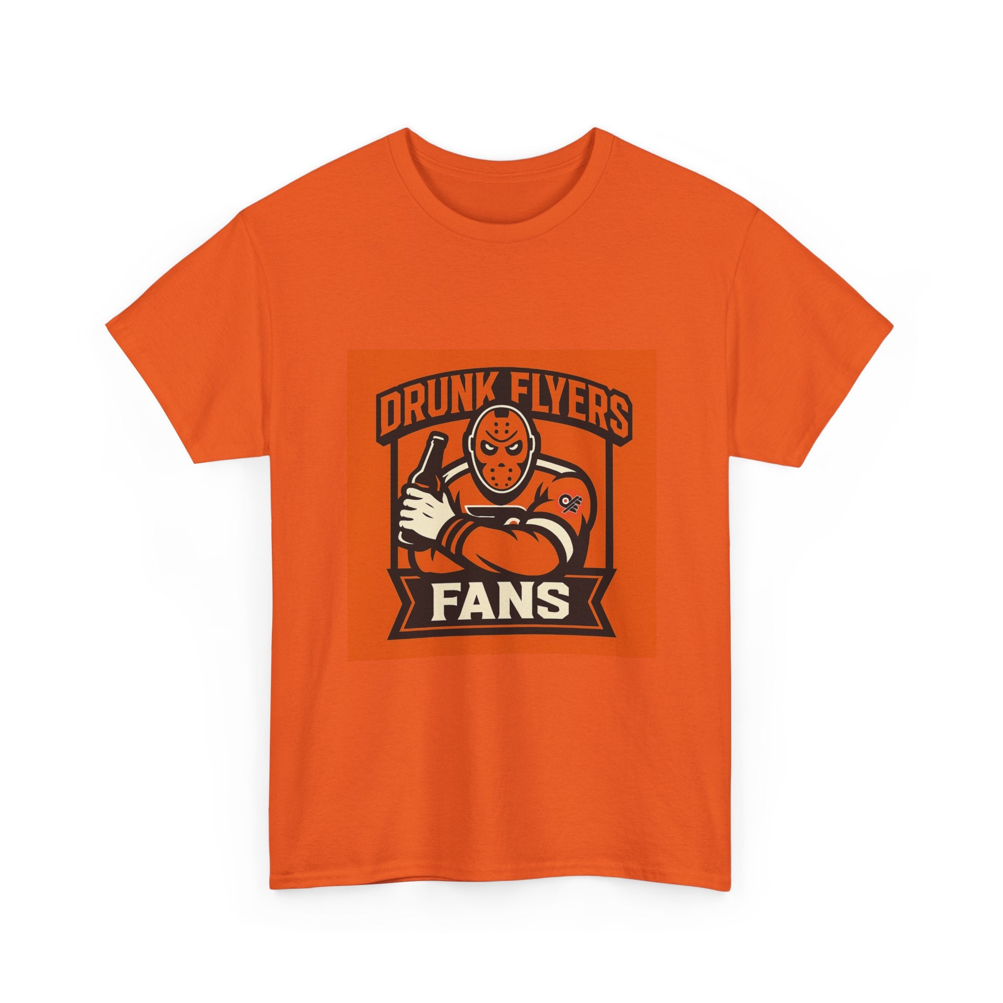 Drunk Flyers Fans Orange Hockey T-Shirt — Retro Masked Player Logo Tee