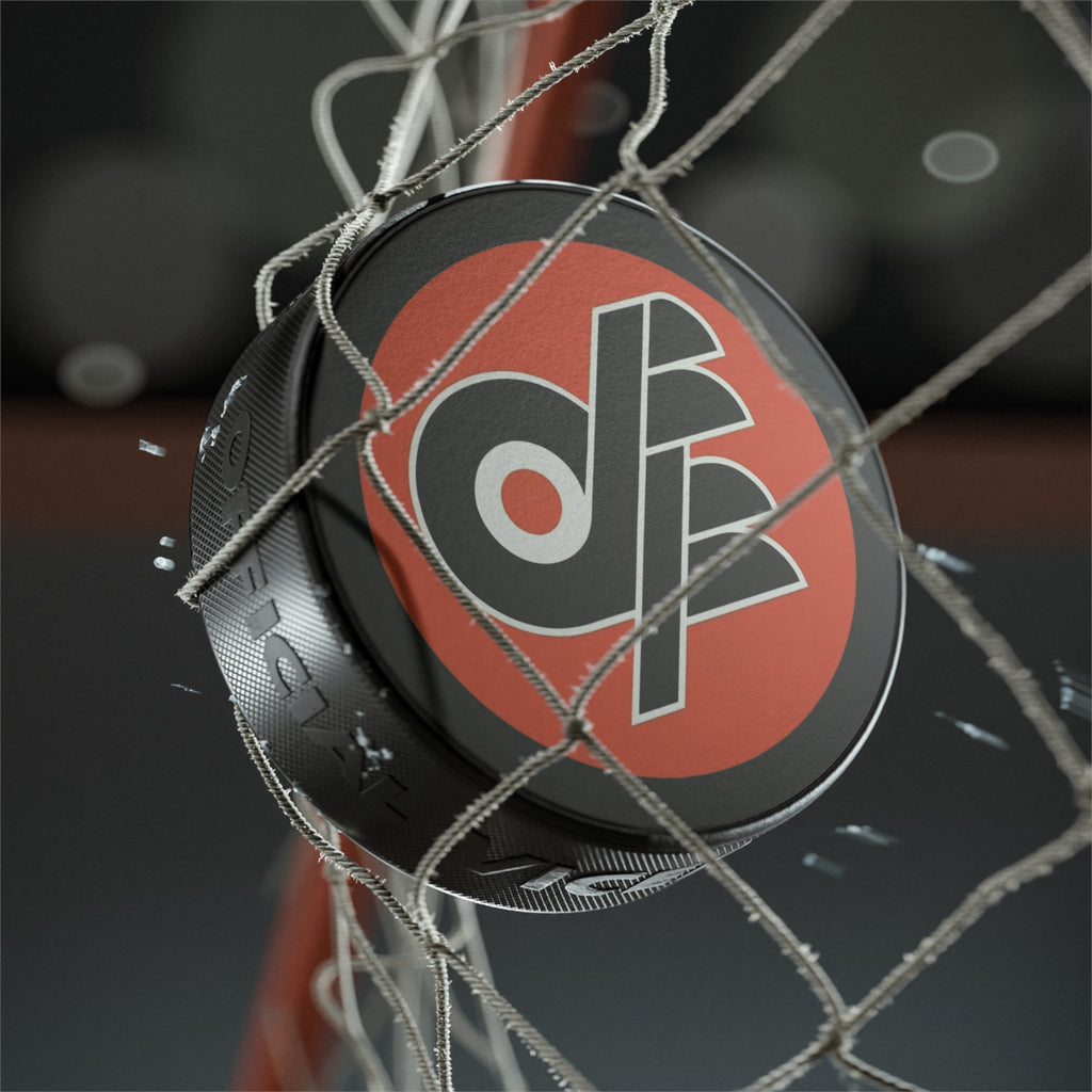 Retro DFF Flyers Hockey Puck – Vintage Orange & Black Team Logo Puck